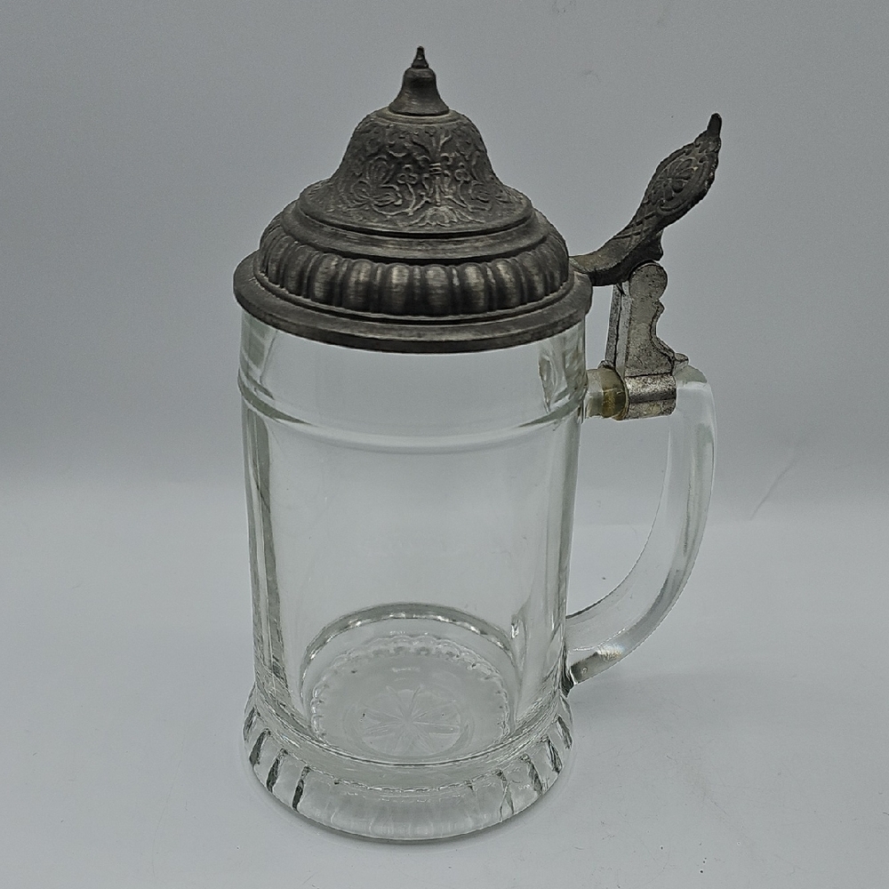 Vintage Glass Beer Stein with Ornate Pewter Metal Lid Made In Germany